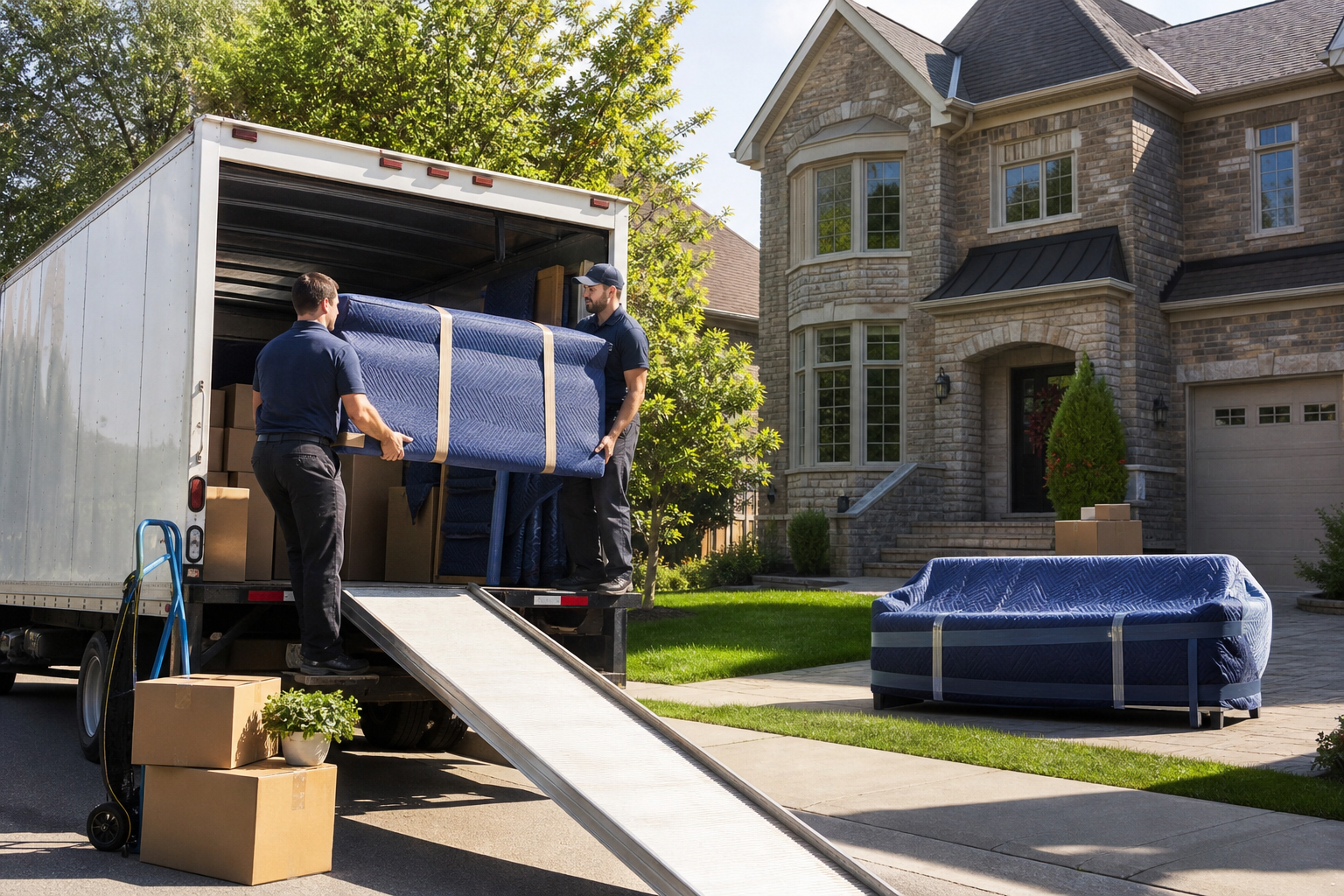 Camion de déménagement devant une maison